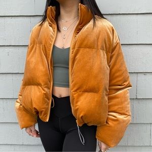 fabletics caramel/gold wander velour puffer jacket